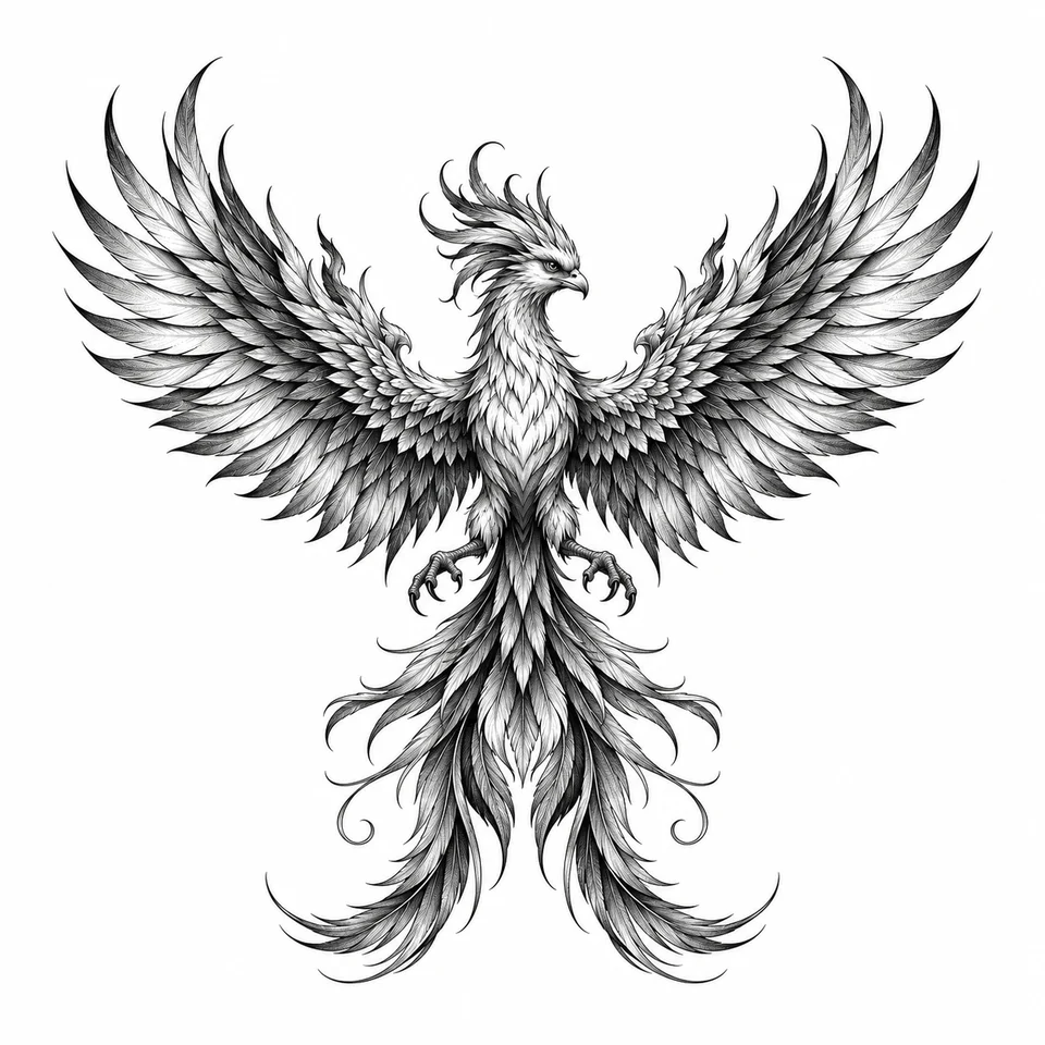 A symmetrical phoenix spreads its wings above a long flowing tail.