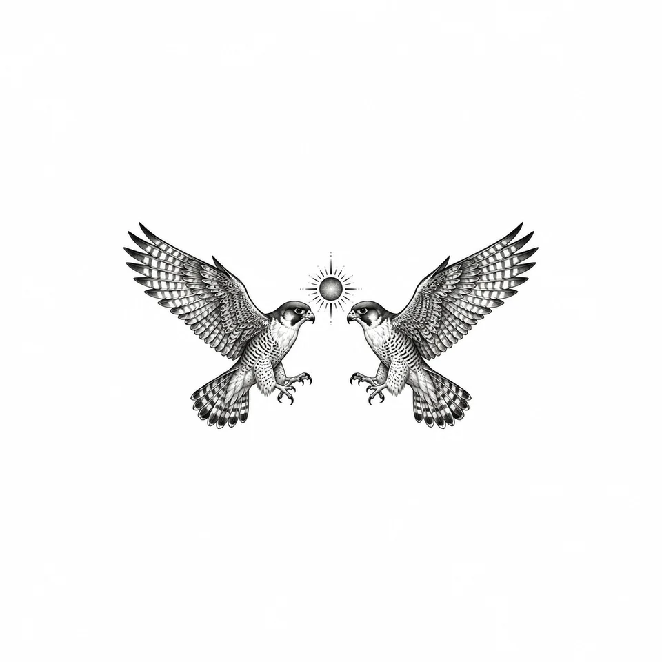 Two falcons face a central sun in a symmetrical blackwork composition.