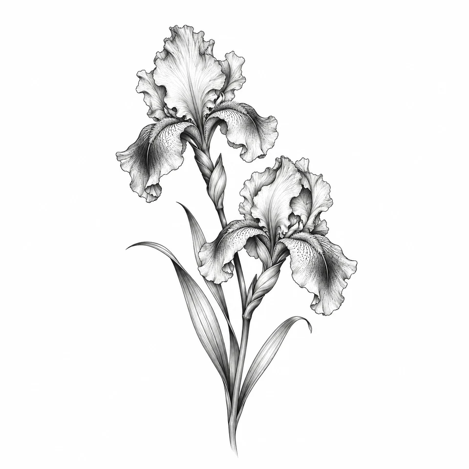 Two iris blossoms with long blade leaves in fine black-and-gray linework.