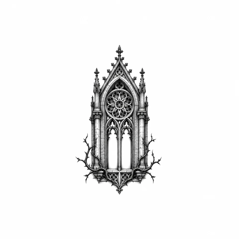 A pointed gothic cathedral window with dark tracery and thorn branches.