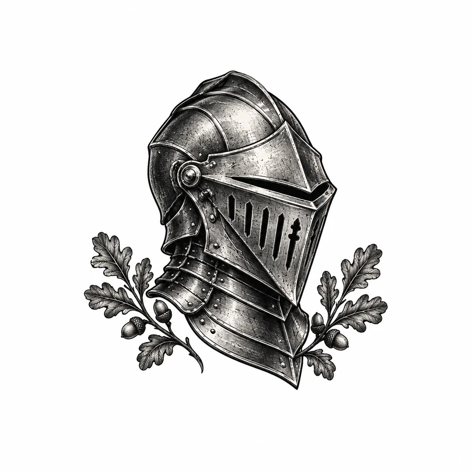 A medieval armored helmet framed by two sparse oak sprigs.