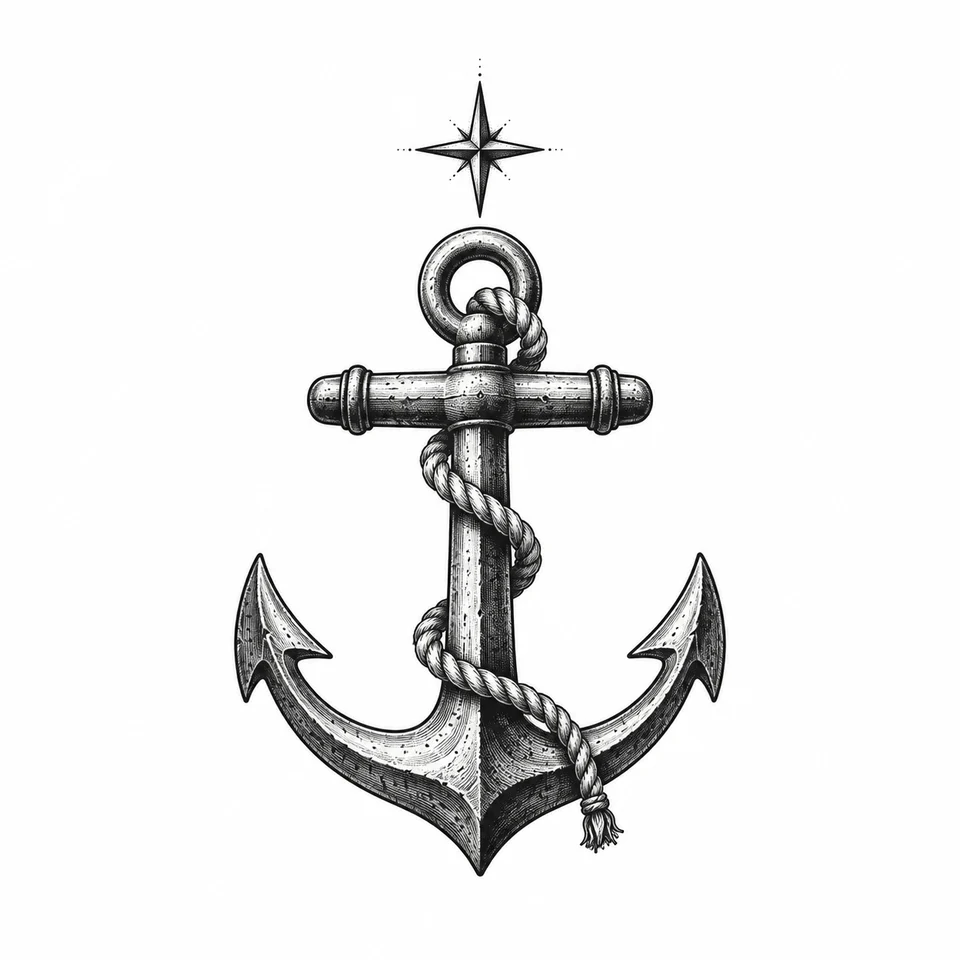 An engraved nautical anchor entwined with rope beneath a small north star.