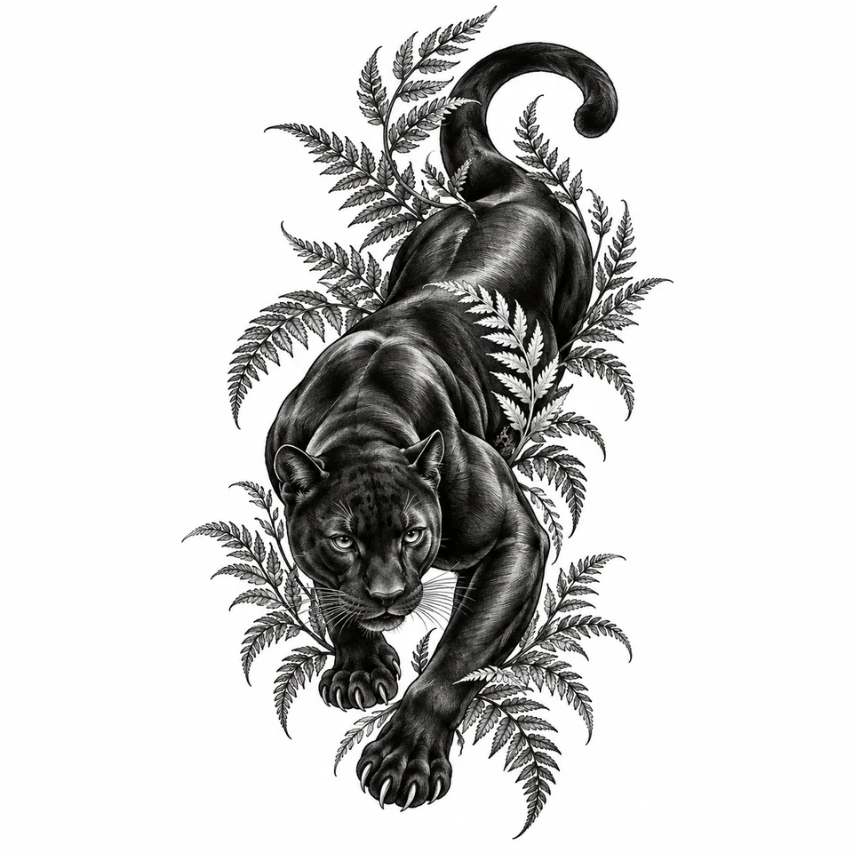 A prowling panther flows vertically through delicate fern fronds.