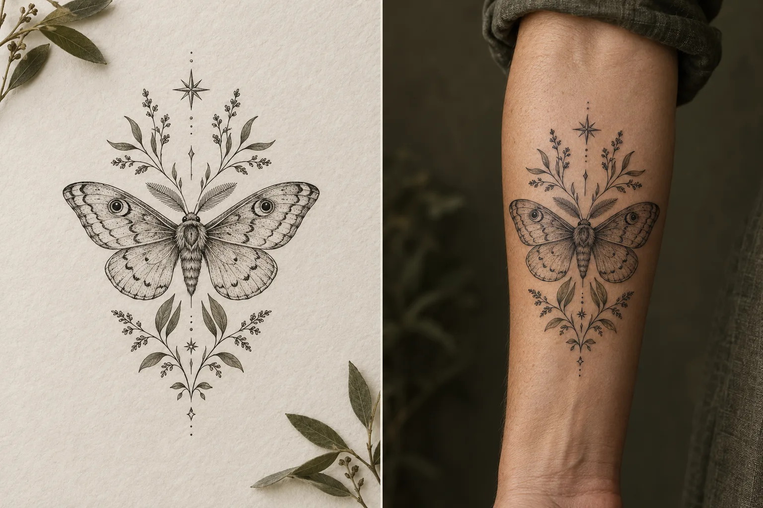 Side-by-side example: a fine-line botanical moth design on paper and a matching tattoo on an adult forearm.